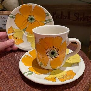 Vintage Metlox Poppytrail "Wild Poppy" ceramic mug and saucer set.